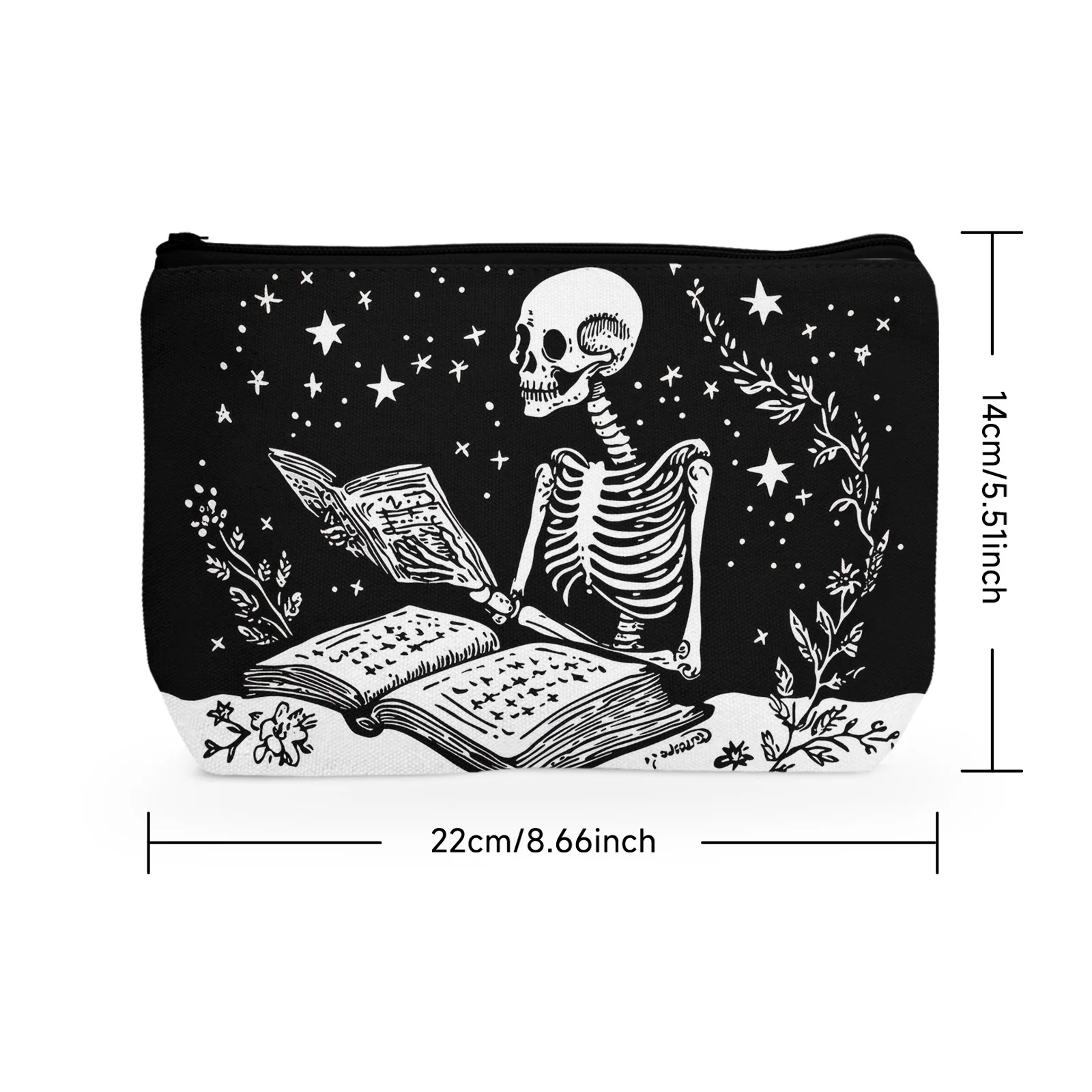 1Pc Funny Skeleton Man Reading A Book Cosmetic Bag Plant Leaves Abstract Art Style Multifunctional Cosmetic Bag