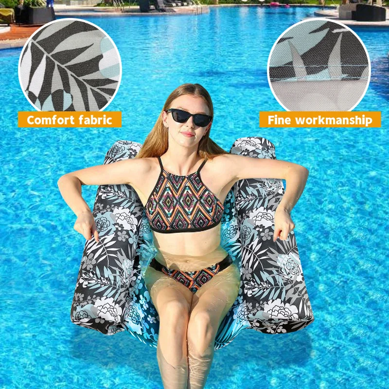 Flower Pattern Canvas Inflatable Hammock，Foldable Dual-Use Backrest Floating Raft， Water Play Recliner Floating Bed Sand