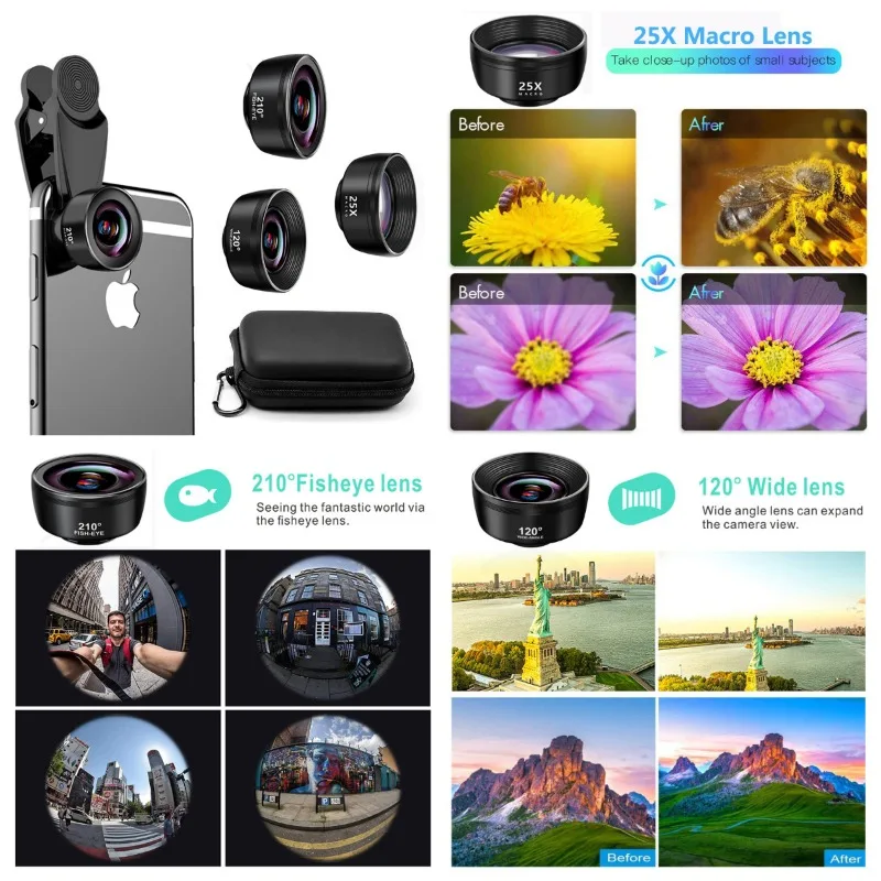 2025 جديد HD 7 في 1 /15 في 1 مجموعة عدسات الهاتف زاوية واسعة ماكرو عين السمكة العالمي 10 في 1 مجموعة ل 95% الهواتف الذكية عدسة المقربة