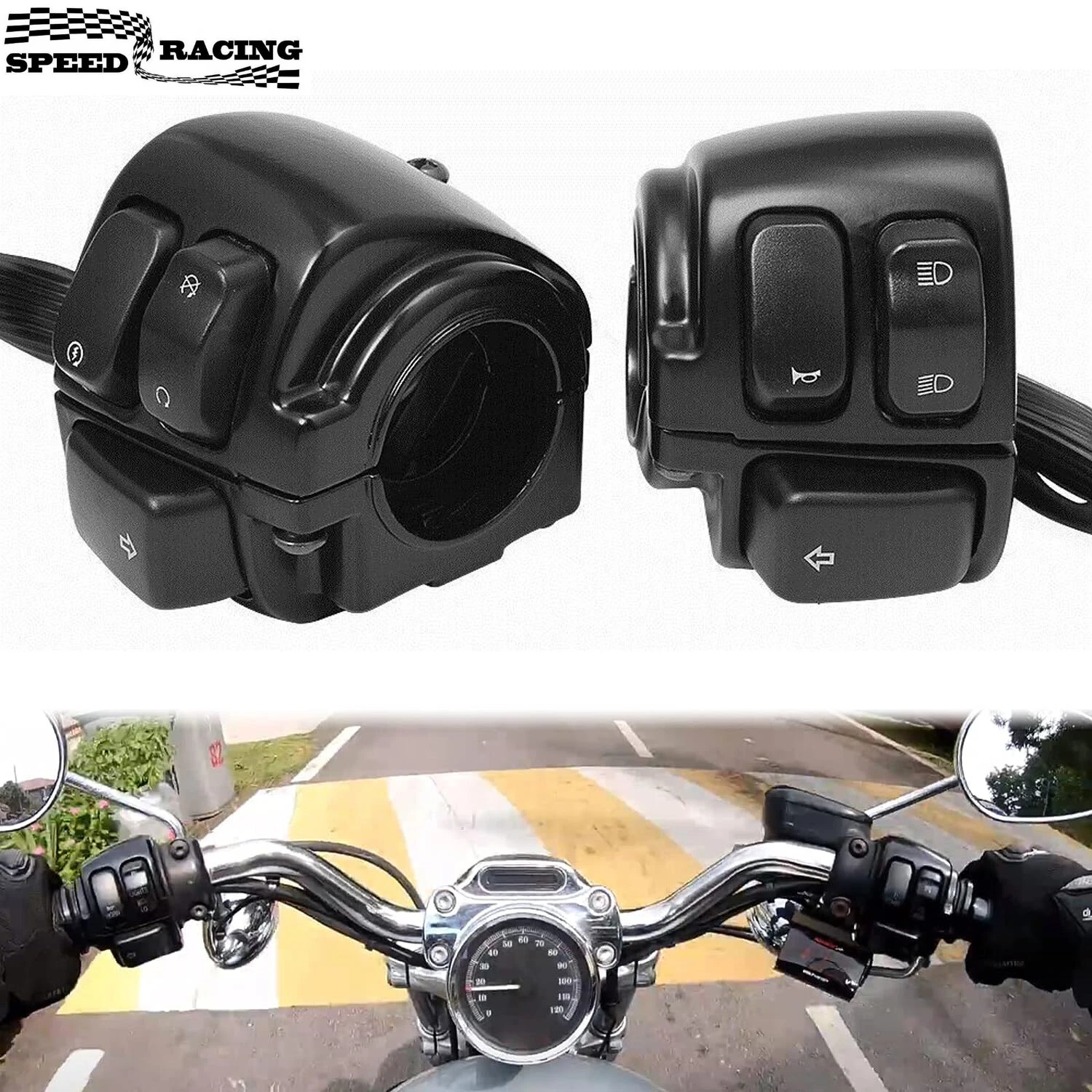 

Black 1" Motorcycle Handlebar Control Switches with Wiring Harness Kit for Harley