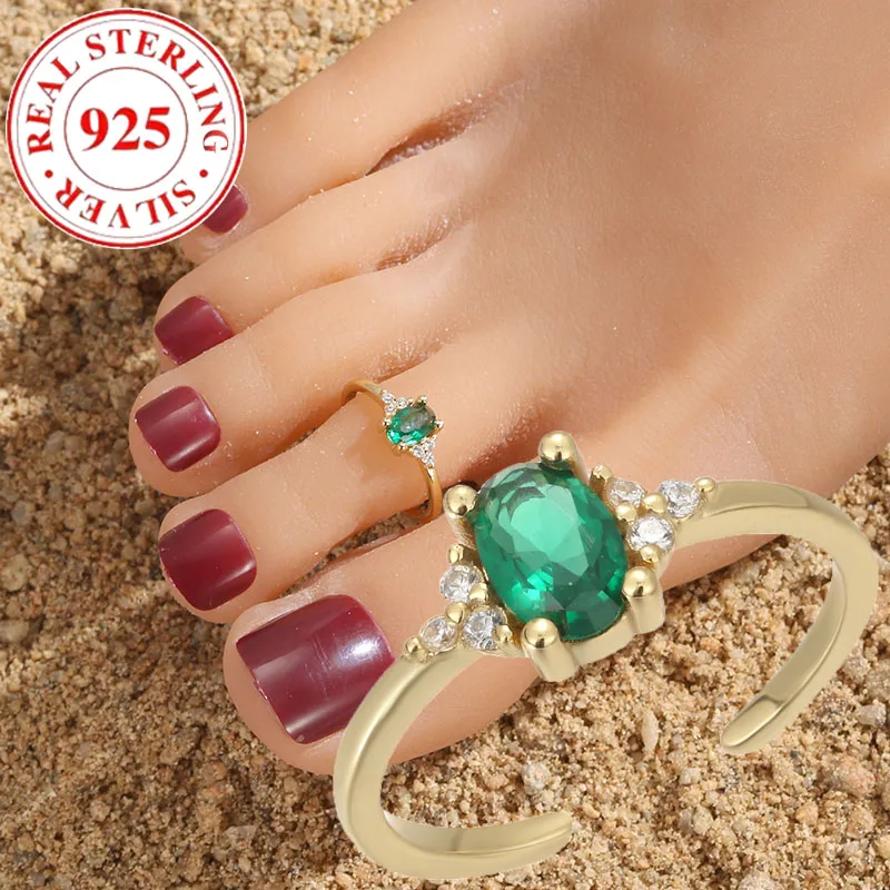 

S925 sterling silver micro-set green zirconia women's open beach summer toe ring hypoallergenic Suitable for vacation