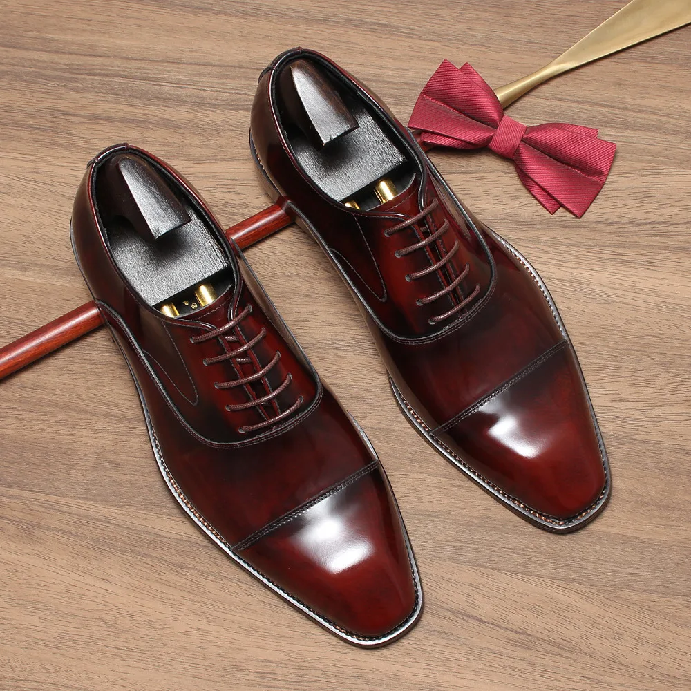 Handcrafted Burnished Genuine Cow Leather Glossy Formal Business Dress Shoes British Style Men Wedding Groom Shoes