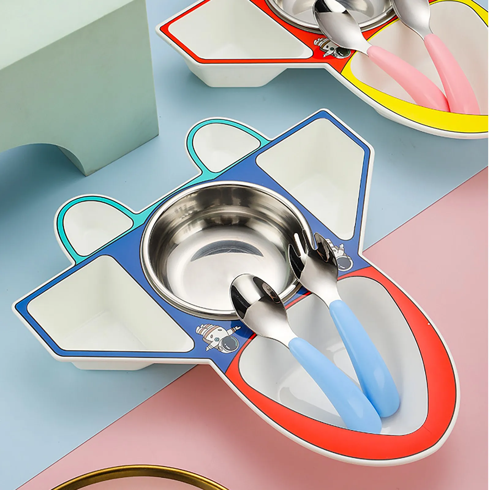 1Set Split Design Kids Dinner Plate Airplane Shaped Divided Food Plate for Toddlers with Matching Utensils Colorful Easy Clean