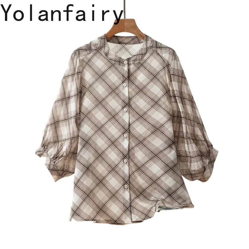 

YOLANFAIRY 100% Natural Mulberry Silk Shirt for Woman Summer 2026 Fashion Plaid Blouses Elegant Womens Tops Half Bat Sleeves