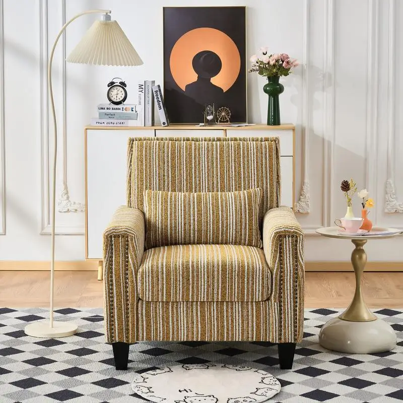 Comfy Upholstered Accent Chair with Arms, Yellow and White Striped Design, Nailhead Trim for Living Room, Bedroom, Office or