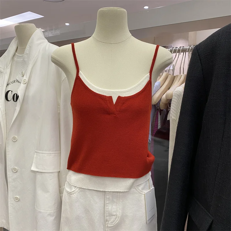 

Dopamine Girl Orange Splice Tank Top Women's Summer Korean Style Slim Fit Versatile Base Layer Top round Neck Sleeveless