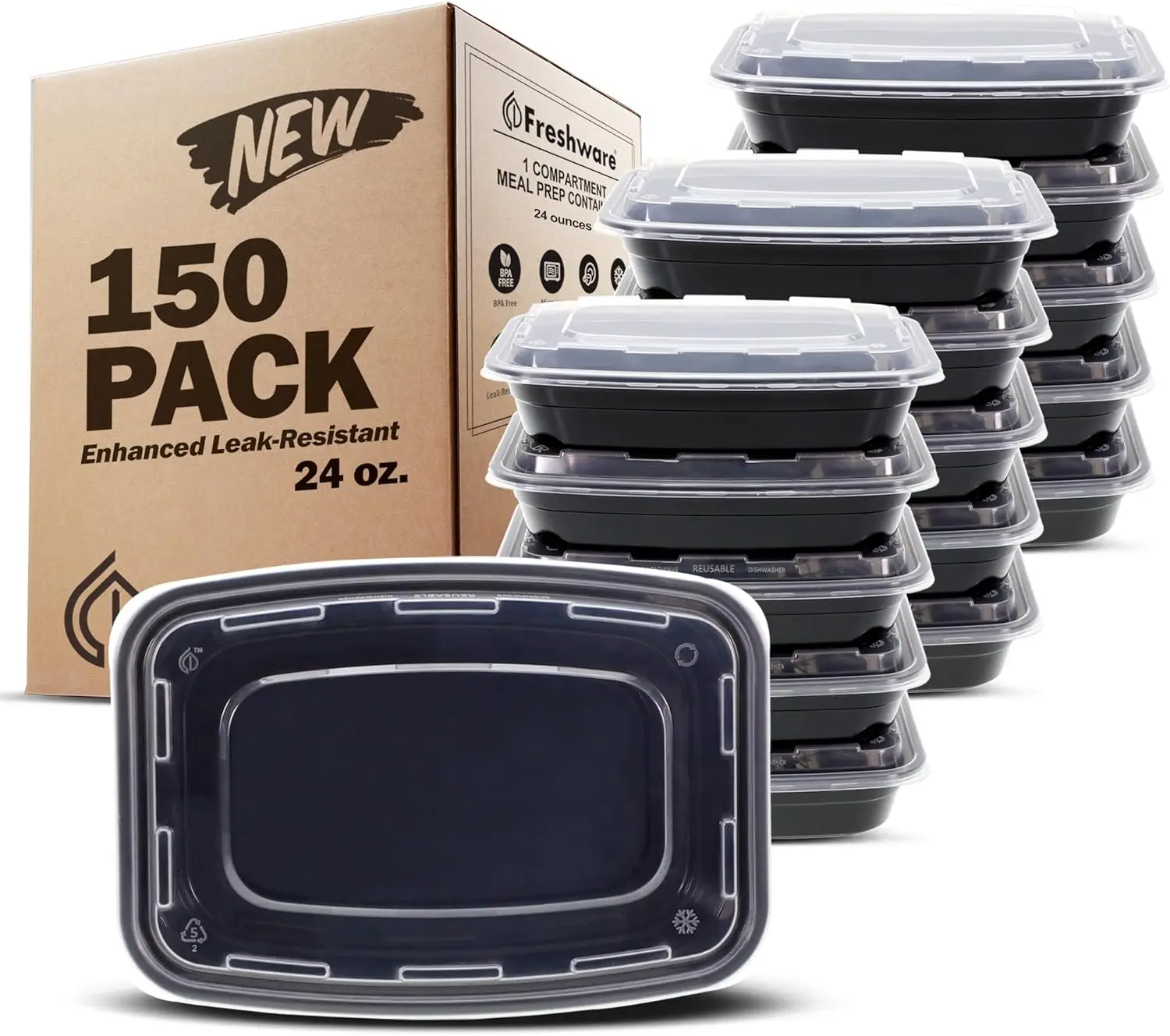 

150-Pack Meal Prep Containers with Lids, 24 oz Bento Box, BPA-Free, Stackable, Microwave/Dishwasher/Freezer Safe