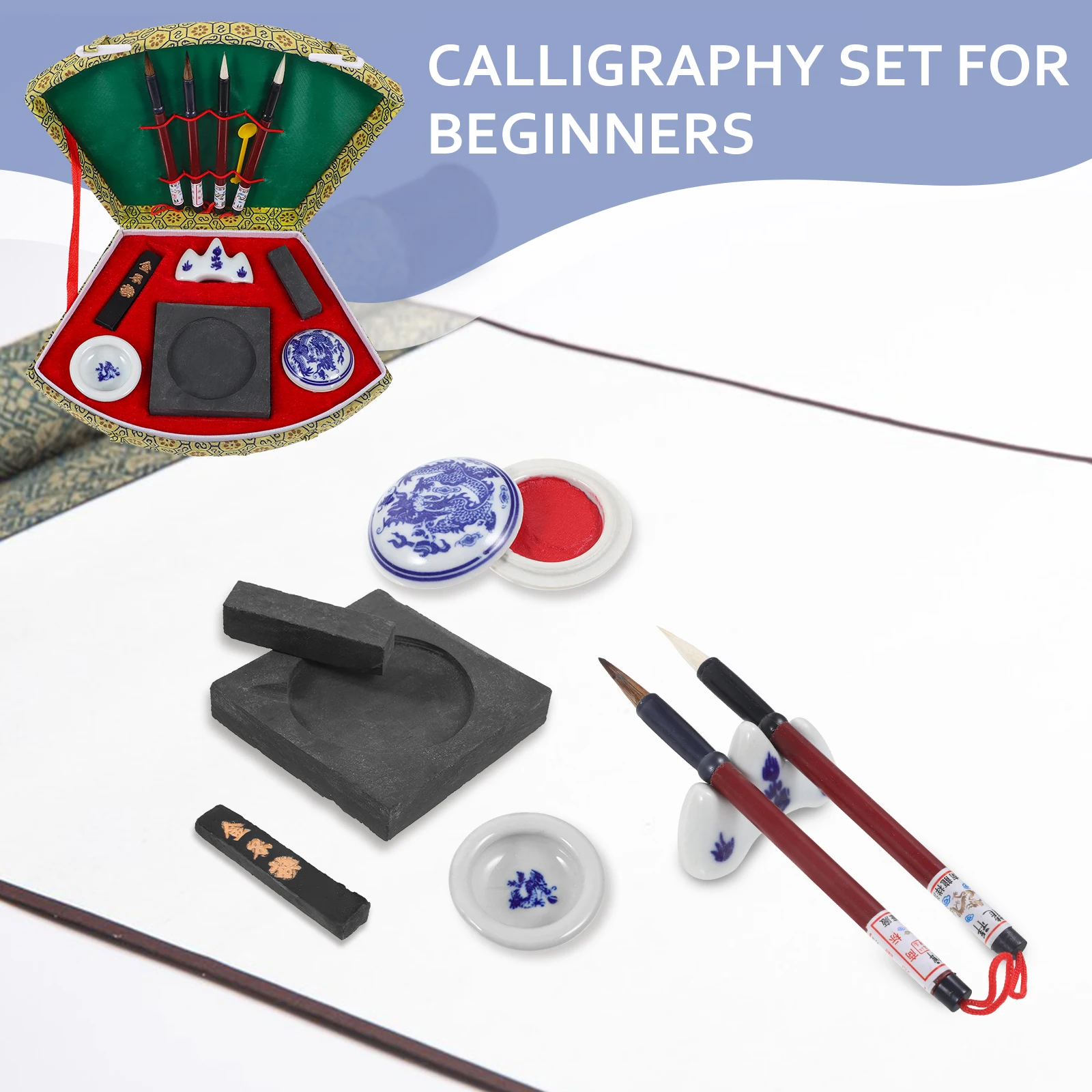 

Chinese Calligraphy Set 4 Treasures of Study Square Inkstone Brush Pen Kit for Beginners Watercolor Painting Gifts