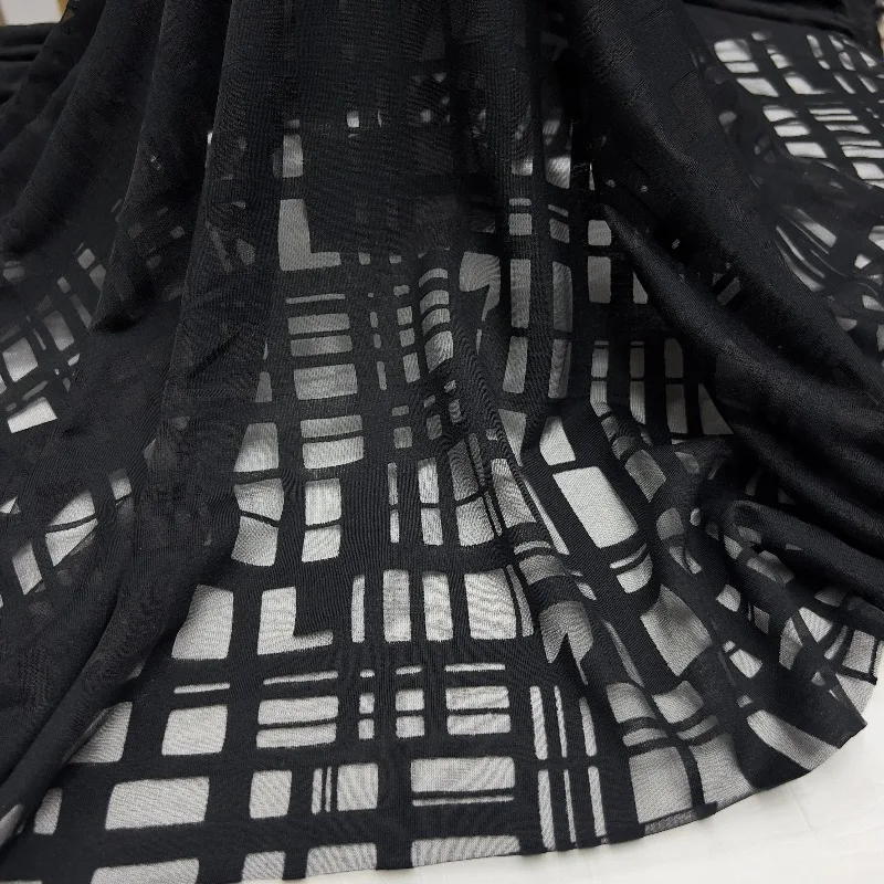 L100cm X W150cm Black See Through Sheer Checkered Plaid Irregular Knit Fabric Non Stretch Breathable Spring Summer DIY Material
