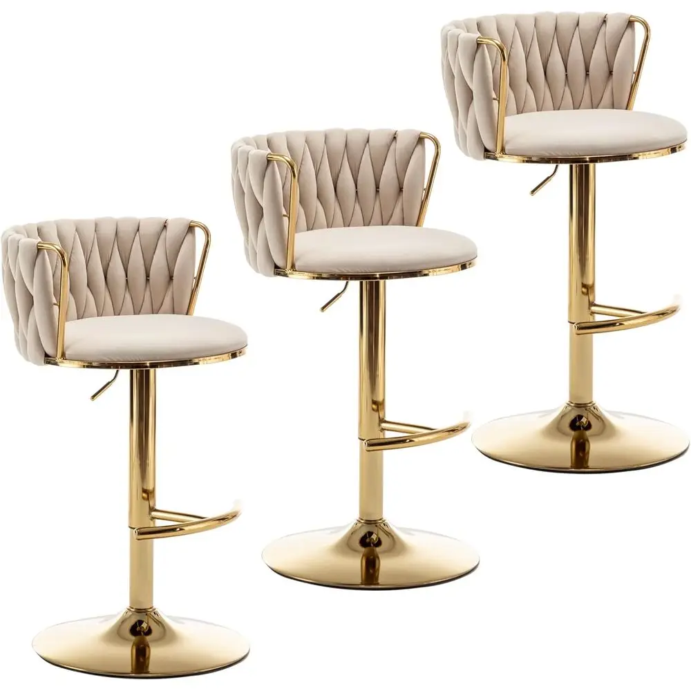 

Set of 3 Beige Gold Velvet Swivel Bar Stools, Adjustable Counter Height with Back, Suitable for Kitchen Island, Pub, Club