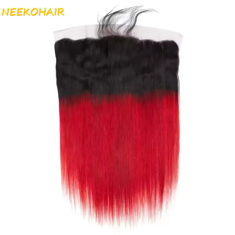 أومبير 1B/أحمر اللون 3 حزم مع إغلاق 4x4 نسج مستقيم ريمي 100% شعر بشري برازيلي 1B/أحمر 3 حزم مع أمامي 13x4