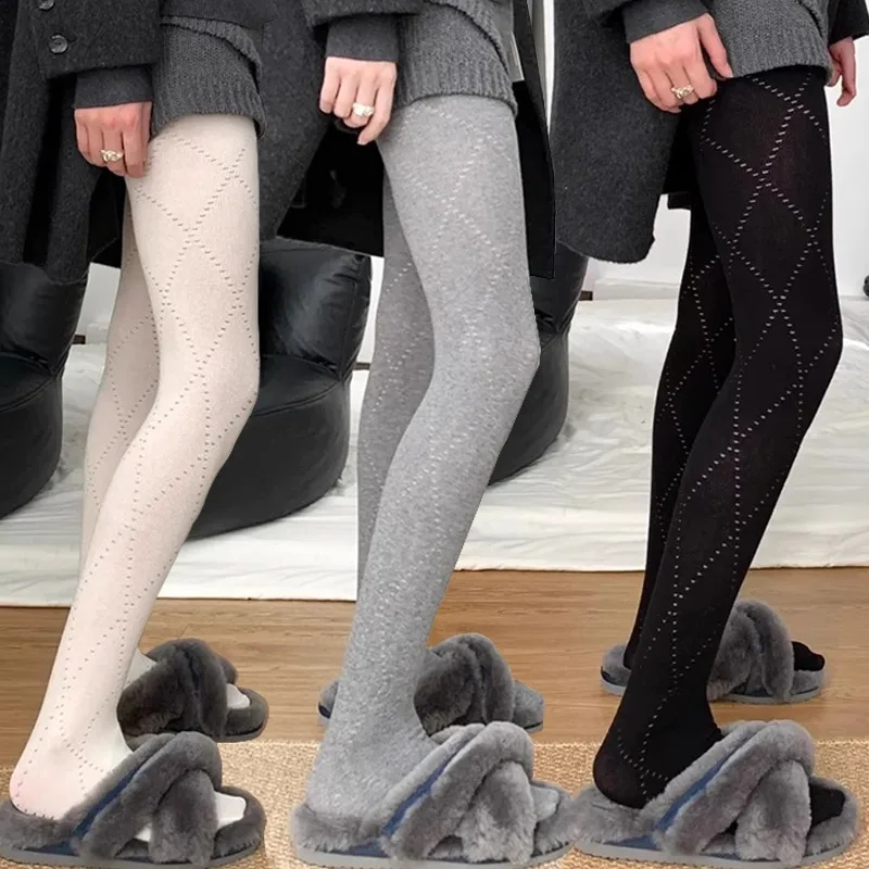 

New Winter Women Tights Grey Diamond Cut-out Knitted Leggings Cotton High Elastic Leggings Socks Solid Color Slimming Pantyhose