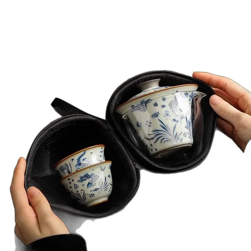 Blue and White Fish and Algae Pattern Travel Tea Set Portable Outdoor Camping Colorful Gift Quick Cup Car Camping Travel Tea Set