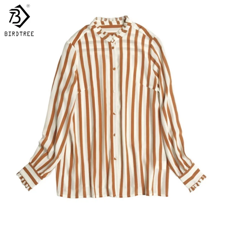 เสื้อไหมแท้ 100% ยี่ห้อ Birdtree ขนาด 18 มม. เสื้อเชิ้ตผ้าเครปสองชั้นลายทางสำหรับผู้หญิง ซักแบบ Sand Wash แขนยาว เสื้อลำลองรุ่นใหม่ปี 2025 รุ่น T5D309JF