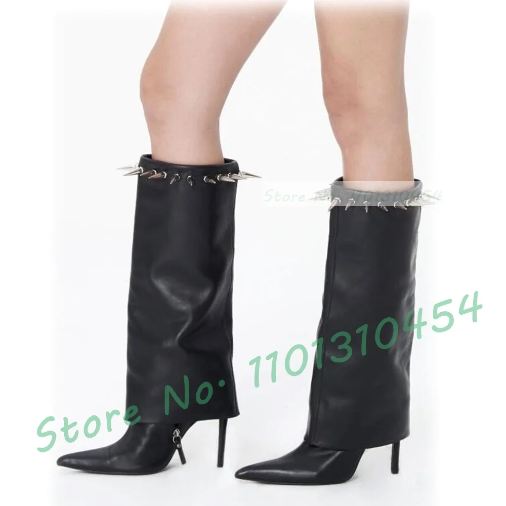 Wrapped Studded Foldover Boots Women Trends Thin Heels Knee High Shoes With Tie Closure Sexy Ladies Stylish Pointy Party Boots