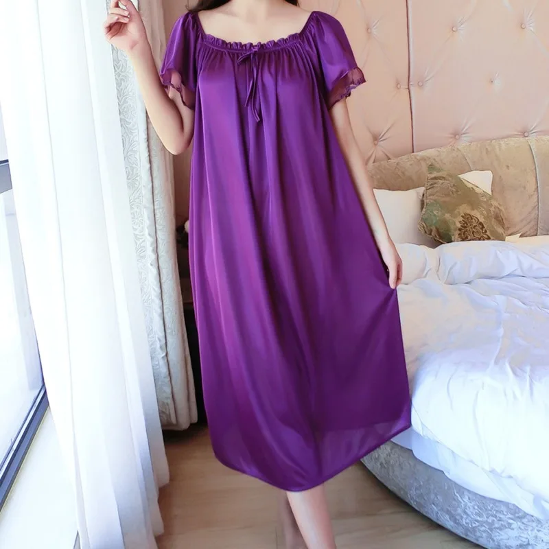 Women Faux Ice Silk Nightgowns Sleeping Dress Medium Length Short Sleeve Nightdress Sexy Sleepwear Home Wear Loungewear Pyjama