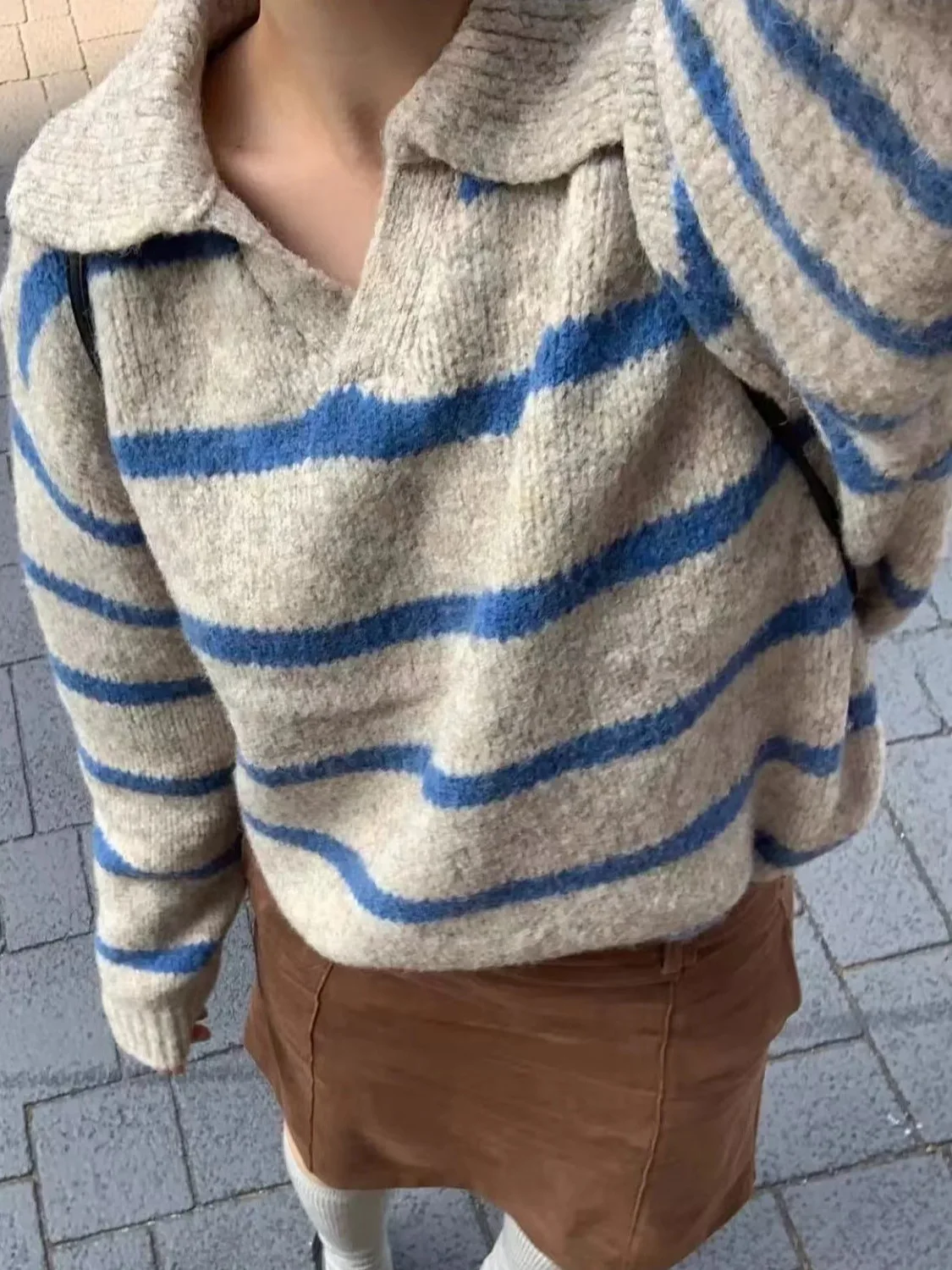 

Вязаный свитер в полоску в стиле ретро, женский осенне-зимний свободный крой, длинный свек Overhead irt, шикарный винтажный цветной топ с цветочным воротником