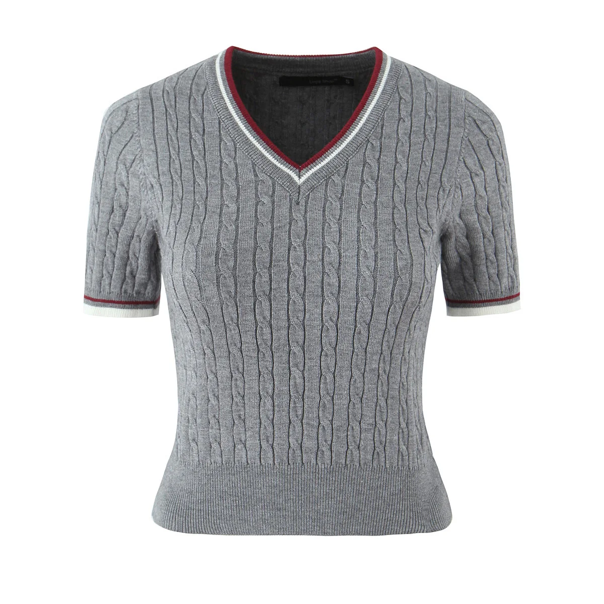 

Summer New V-Neck College Style Short Sleeve Sweater T-Shirt Slim Fit Knitted Vertical Stripe Design Fashionable Women's Top