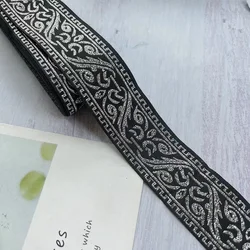 10 Yards/lots Woven Jacquard Ribbon 3.5 Cm Black Background Silvery Pattern LS-3891
