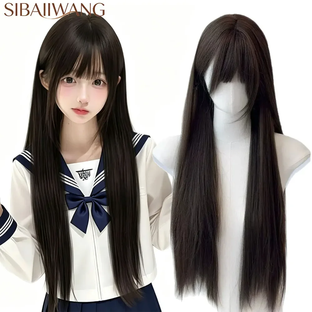 Dark Tea Brown High Quality Wigs With Bangs Long Straight Synthetic Lolita Wig For Girl High-Temperature Cosplay Harajuku Wig