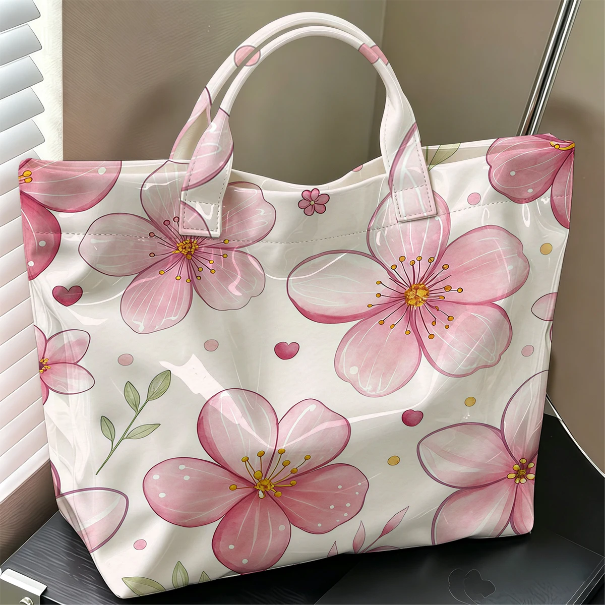 Cherry Blossom Hot Sale Large Glossy PVC Tote Bag Hand Washable Waterproof Great for Travel Commute Makeup Storage Handbags