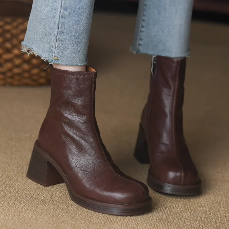 Platform Boots Square Heel Street Style Winter Shoes Woman Square Toe Cowhide Casual Shoes Spring Autumn Chelsea Boots Side Zip