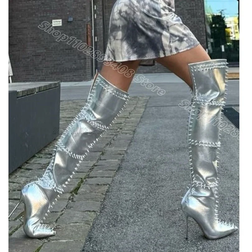 

Silver Rivet Decor Over Knee Boots Pointed Toe British Style New Fashion Personality Women Party Boots 2025 Zapatos Para Mujere
