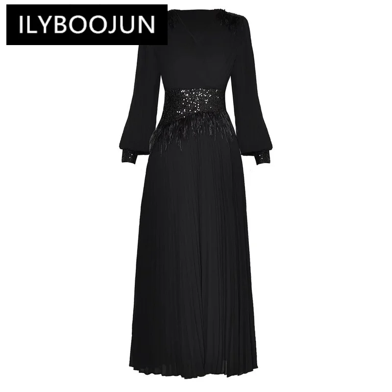 

ILYBOOJUN Fashion Designer AutumnDress Women V-Neck Lantern Sleeve Feathers Sequins Patchwork Elegant Party Pleated Black Dress