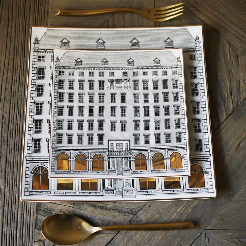 Diseño Retro de lujo dorado Neuschwanstein Castle Bone China plato de cena/Plato decorativo 8 pulgadas/10 pulgadas
