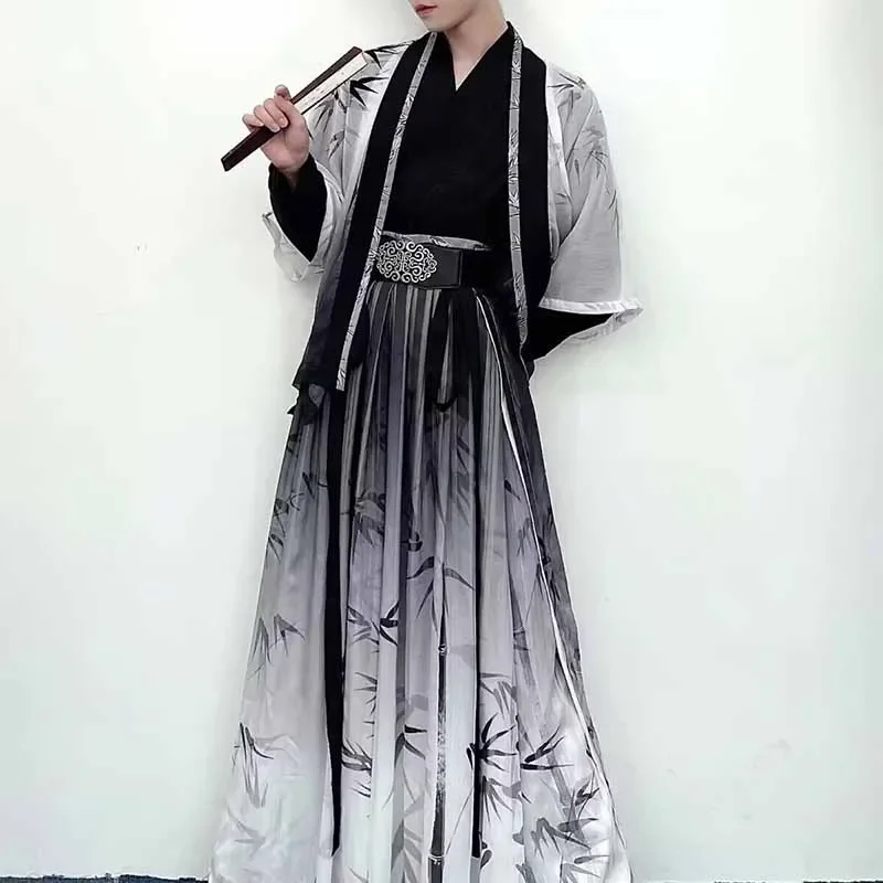 Plus Size 3XL Hanfu Men Halloween Cosplsy Costume Chinese Traditional Ancient Hanfu Print Bamboo Gray&Black 4Pcs Sets Plus Size