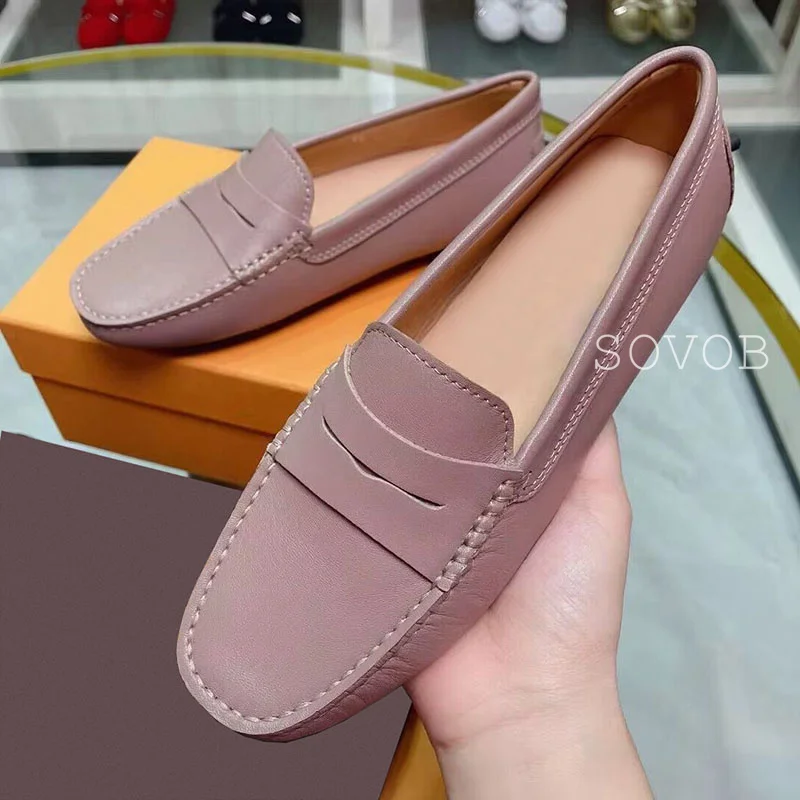 Spring Autumn Genuine Leather Round Toe Flat Shoes for Women\'s Shallow Mouth Solid Color Loafers Casual Versatile Bean Shoes