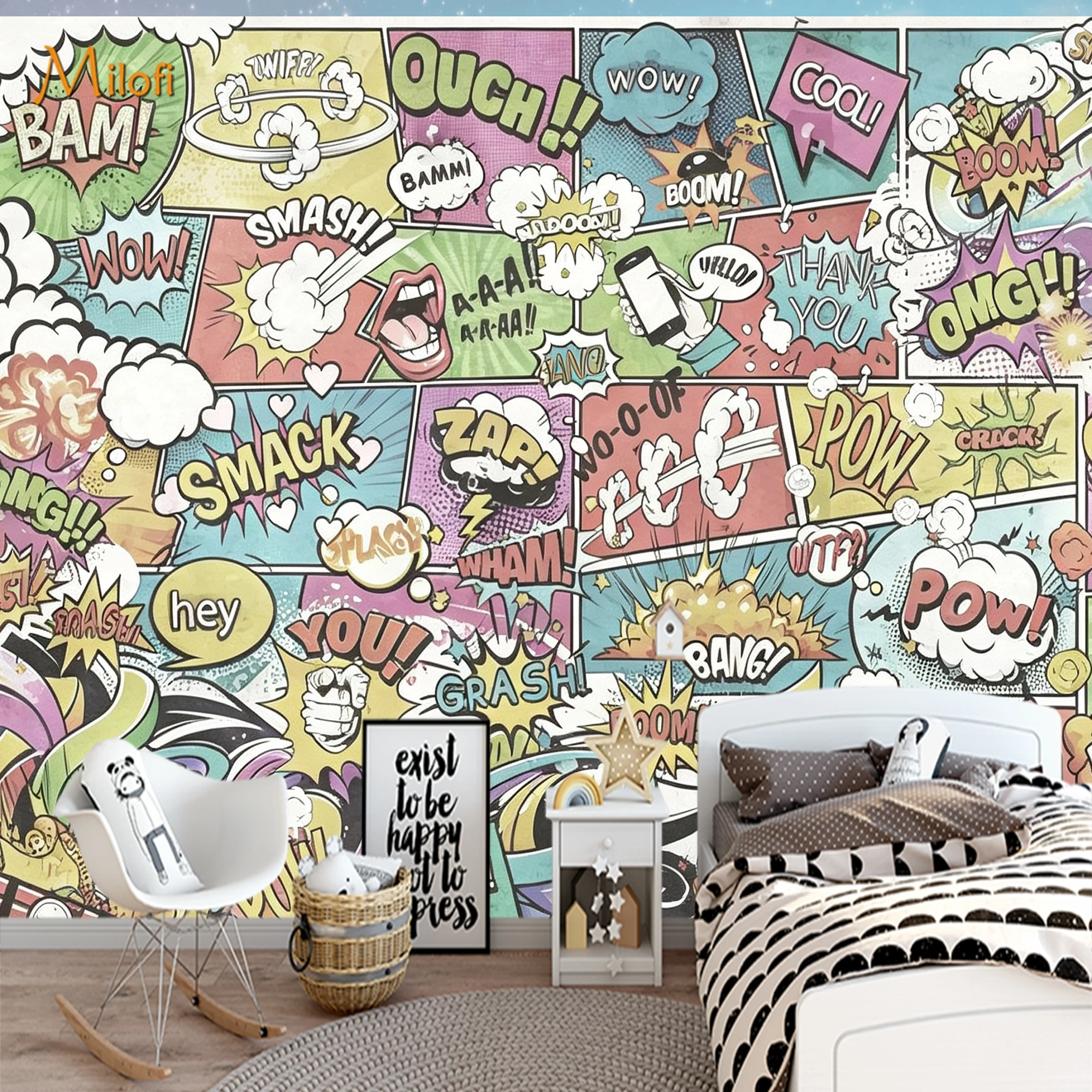 Custom Comic Pop Art Mural Wallpaper Graffiti Cartoon Sound Effect Speech Bubble  for Teen Bedroom Game Room Home Wall Decor