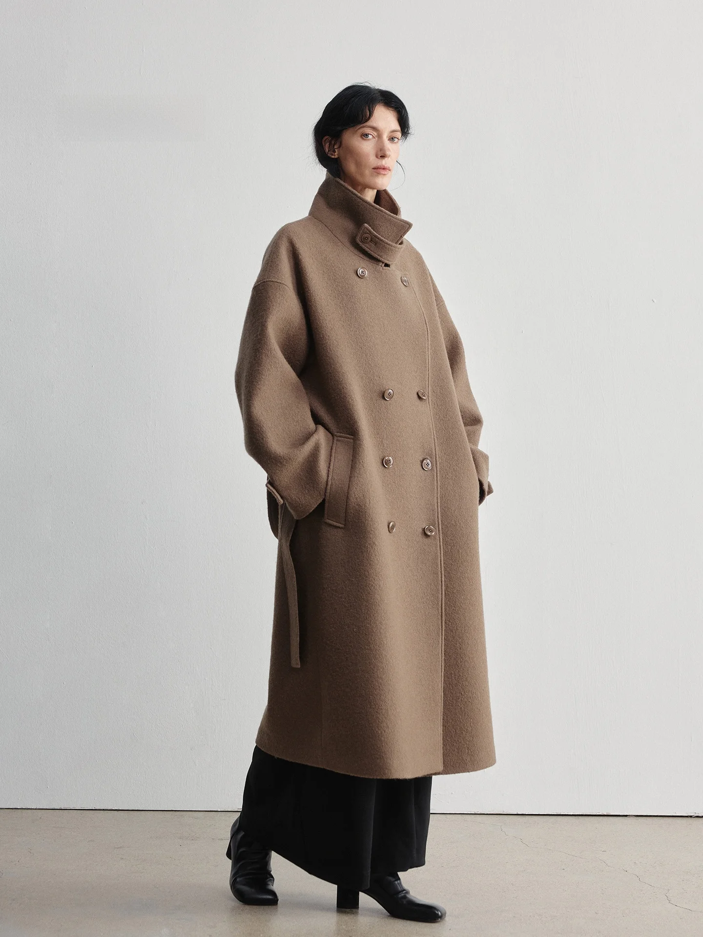 

WUUO Pure Wool Coat Women's Winter Thiened Warm Tweed Outerwear Double-Breasted Sli Commute Loose Fit Long Sve