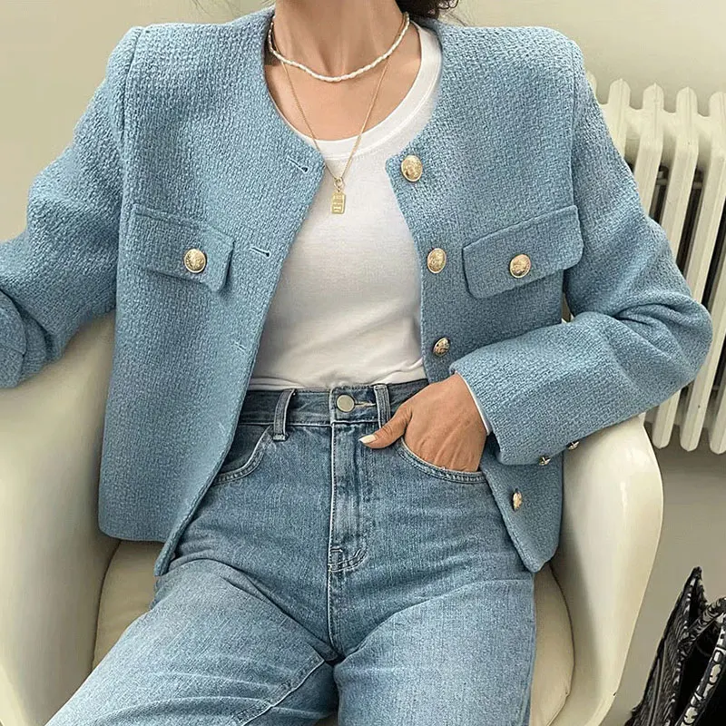 

Chic Spring Soft round Ne Metal Single Button Loose Versatile Small Fraance Sle Thiened Tweed ort Coat for Women