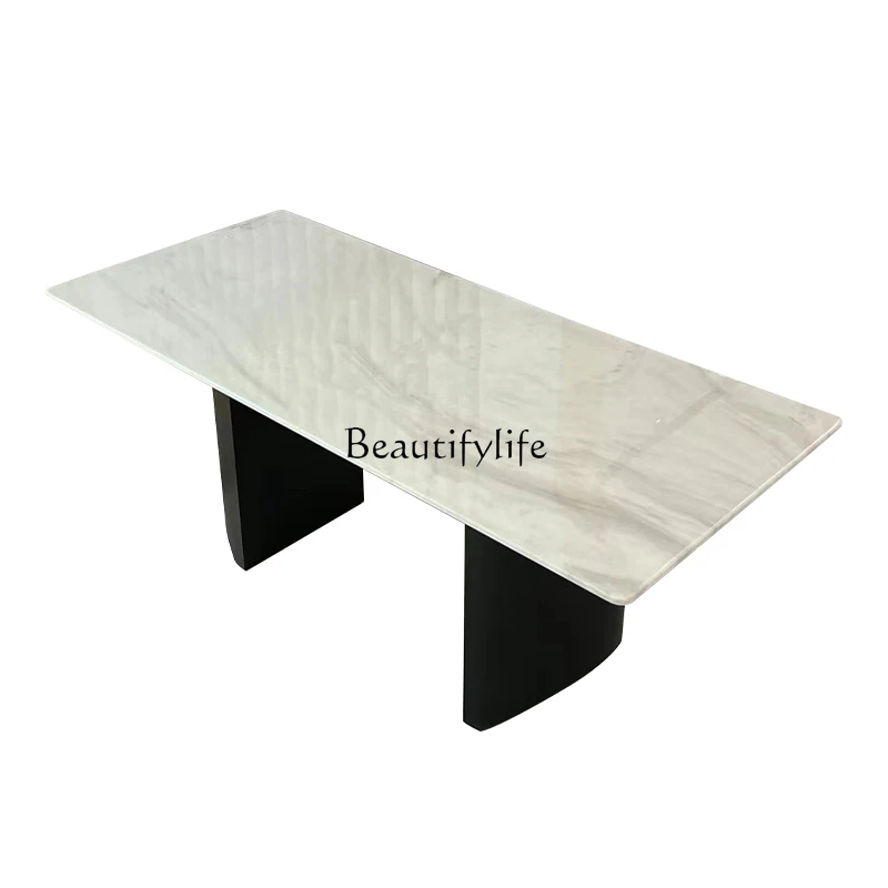 

Pure natural marble jazz white dining table Italian minimalist rectangular high-end luxury stone dining table