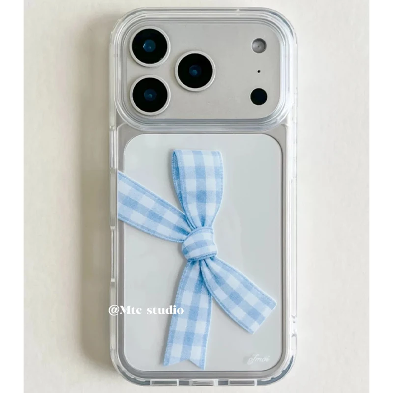 Funda para teléfono con diseño de cuadros azules y rosas, estilo coreano, con lazo, para iPhone Duo 18 Pro Max, 17 Air, 16, 15, 14, 13, 12, 11. Cubierta trasera de silicona resistente a los golpes.