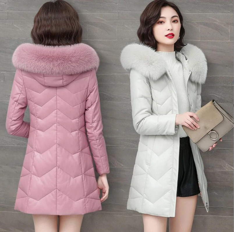 Winter Women Warm Sheepskin White Duck Down Jacket Hood Puffer Coat Fox Fur Collar Thick Luxury Outerwear real Leather Coats