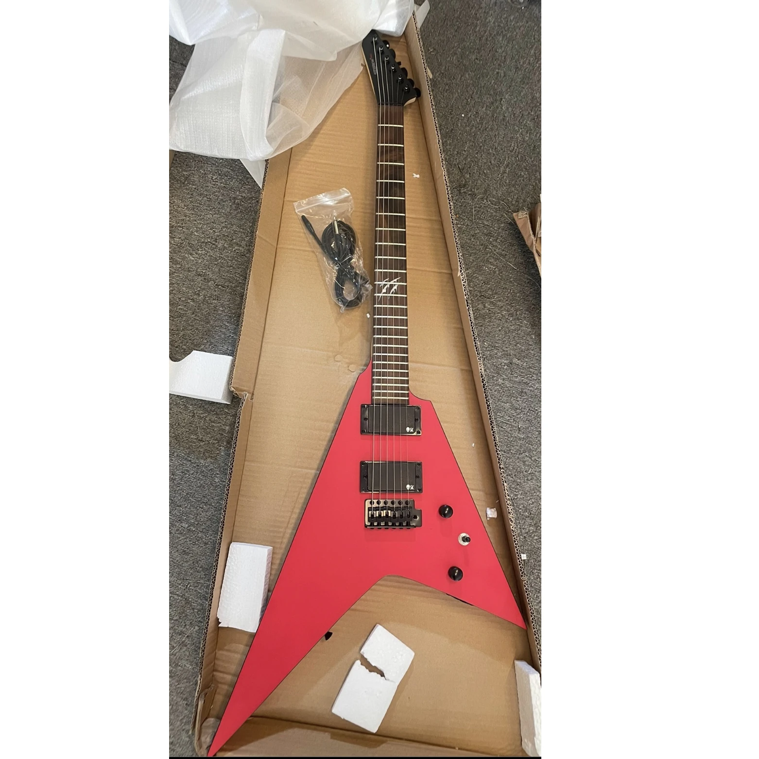 Factory stock custom version dovetail V shape Fork electric guitar rare frosted dark red in stock black pickups accessorie only