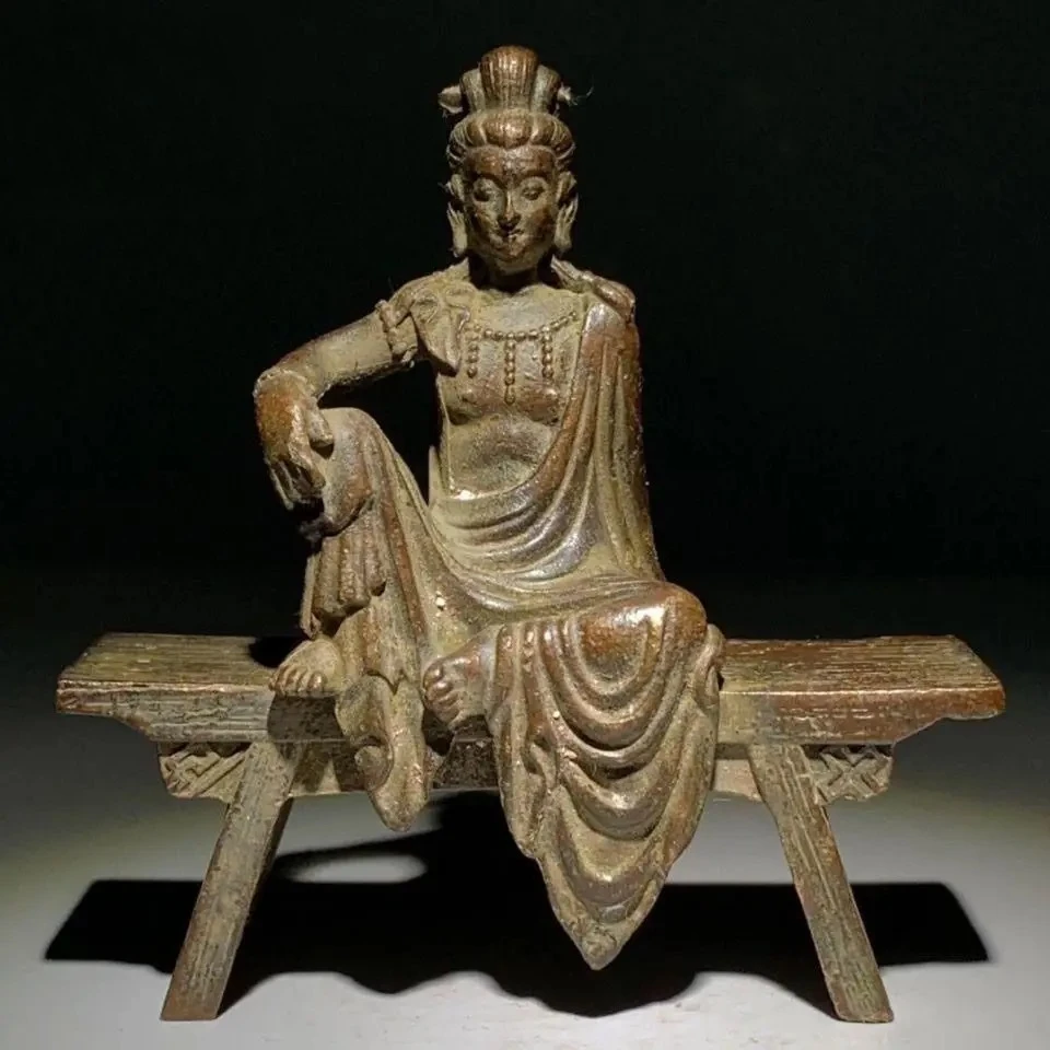 Avalokiteśvara Guanyin Bodhisattva Statue Antique Bench Devotional Object Divine Image Bronze Sculpture Decorative Figurine