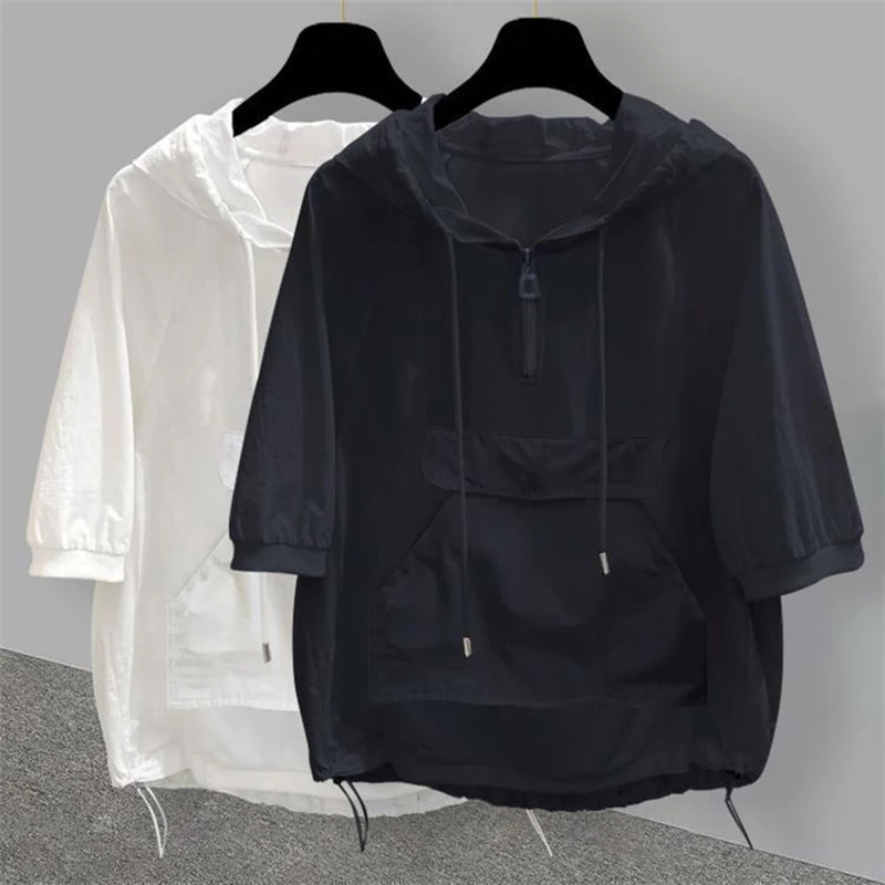 2024 Korean Hooded Short Sleeved T-shirt For Women's Summer Trendy Loose Slim Commuting Casual Top Basic jacket