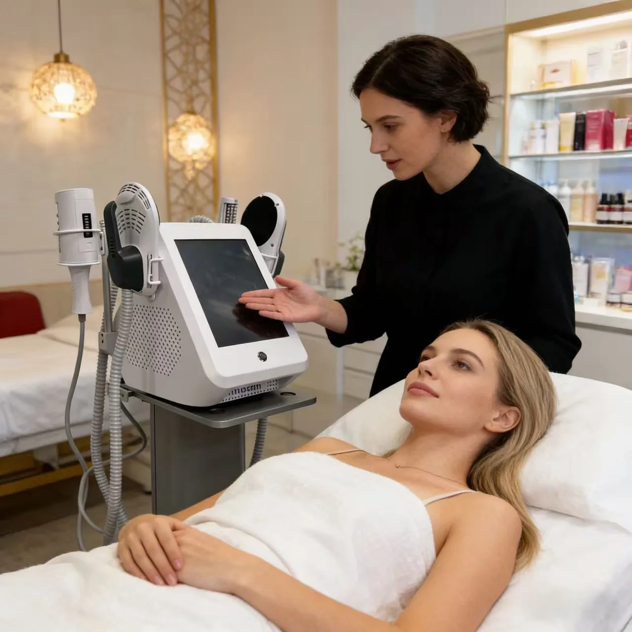 

Аппарат для коррекции фигуры 6500 Вт, 200 Гц, с роликовой технологией, RF-скульптурированием, электромагнитной стимуляцией мышц и массажем для похудения SLYRIC