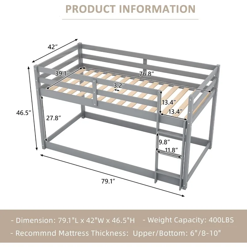 Bunk Bed Twin Over Twin, Floor Bunk Bed w Ladder, Safety Guard Rails, 400LBS Heavy Duty Wooden Twin Bunk Beds