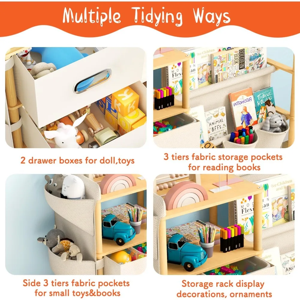 منظم كتب وألعاب من 3 طبقات للأطفال مع صناديق تخزين وخزانة كتب جانبية، مستوحى من مونتيسوري