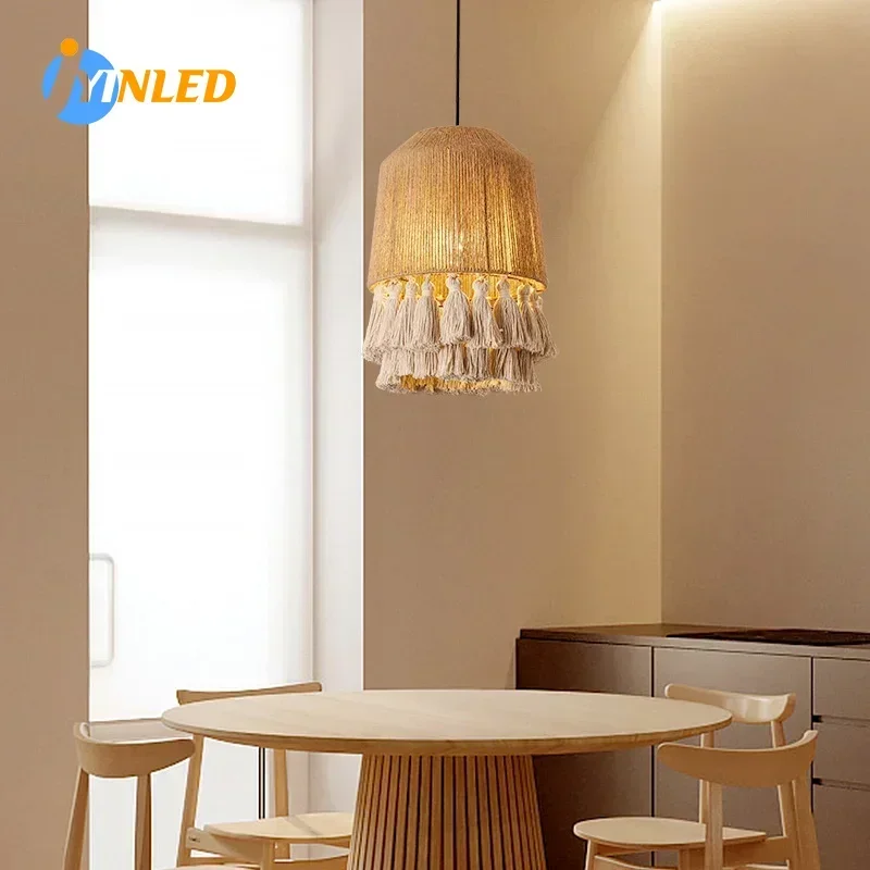 

Home Decor Lighting Creative Design Hanging Lampshades Bohemian Retro Hemp Rope Tassel Bedside Pendant Light for Bedroom Balcony