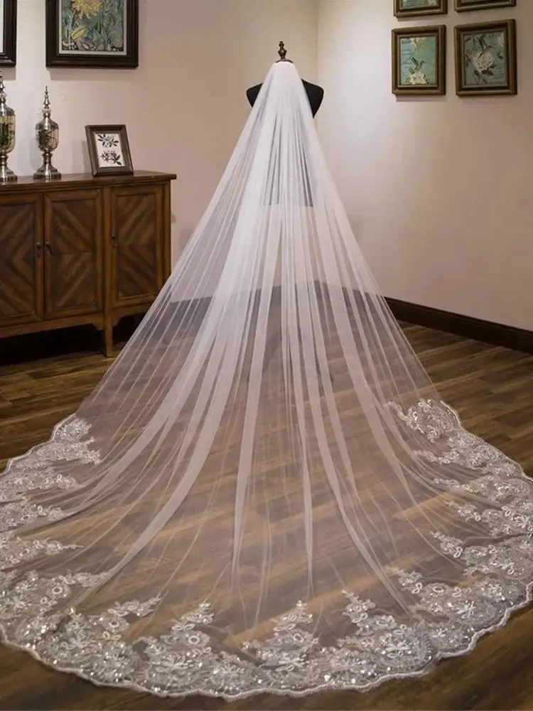 MisShow White Ivory Sequins Lace Edge Veils Cathedral Length Wedding Bridal Veil with Comb 1 Tier Long Woman Illusion Tulle