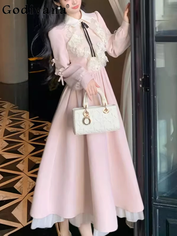 

Spring Autumn Large Size Women Long Sleeve Lace High Waist A-line Princess Dress French Age Reduction Pink Slim Fairy Dresses