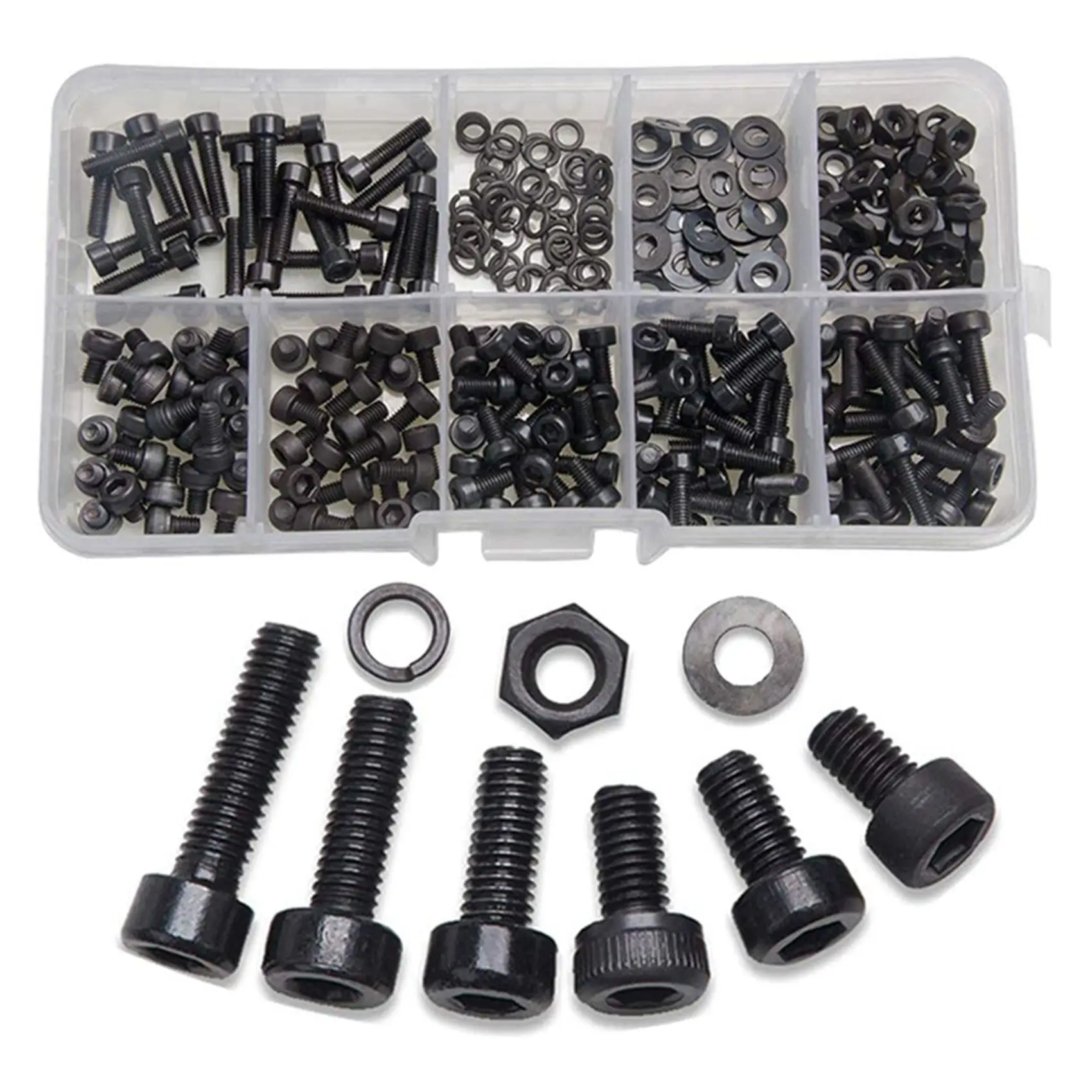 ABRW-600 Pcs Nuts Bolts Set Hex Bolts Nut And Washer Assortment Screws Bolts M3 Tool Kit With Plastic Box (Black)