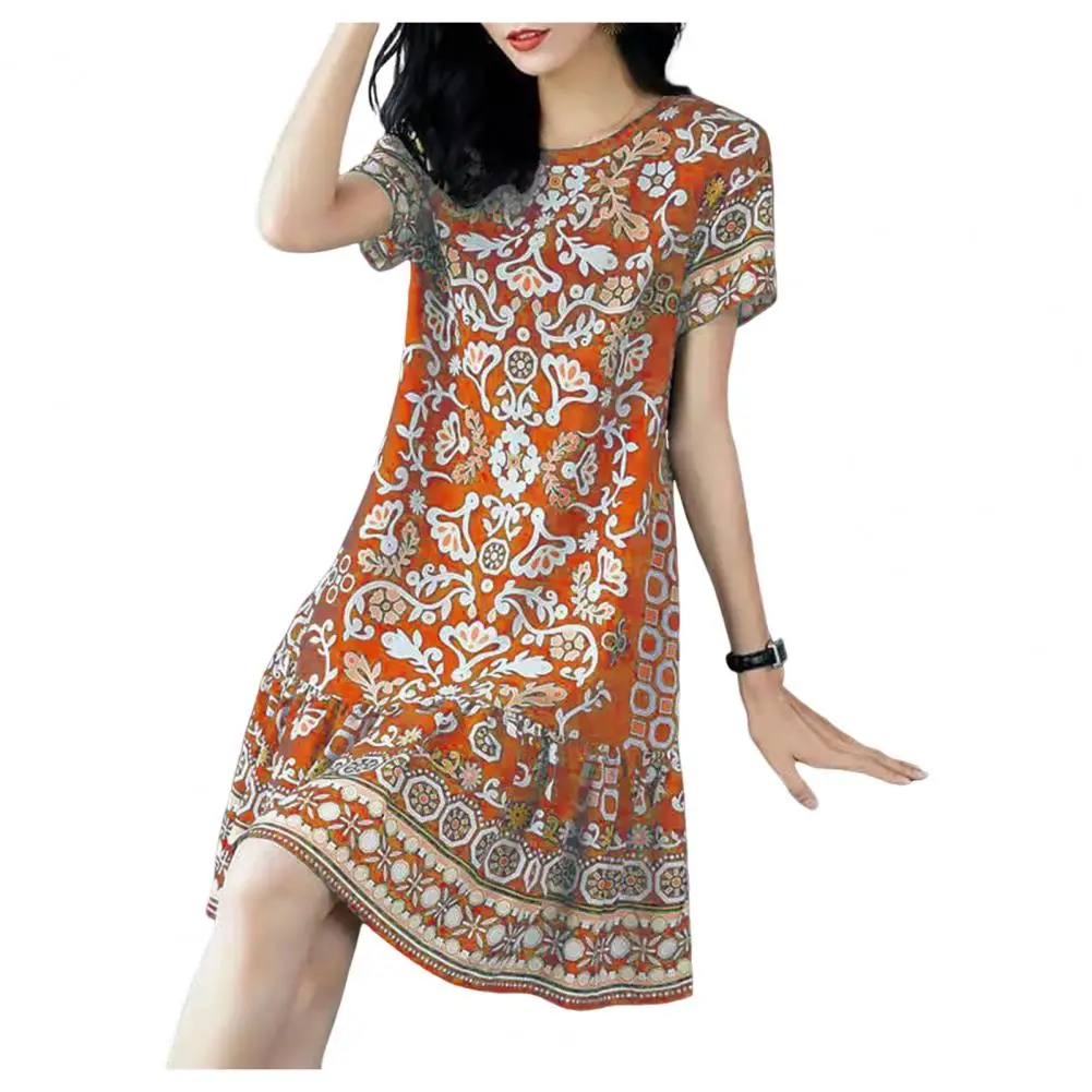 Dress Retro Print A-line Midi Dress for Women with Half Sleeves Round Neck Big Hem for Wear Vacation in Summer Loose Fit Dress