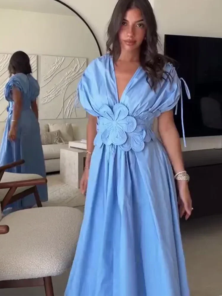 Women Elegant 3d Flower Solid Pleated Long Dress Chic V Neck Short Sleeved Drawstring Lace Up Robes Summer Lady High Street Wear image 2