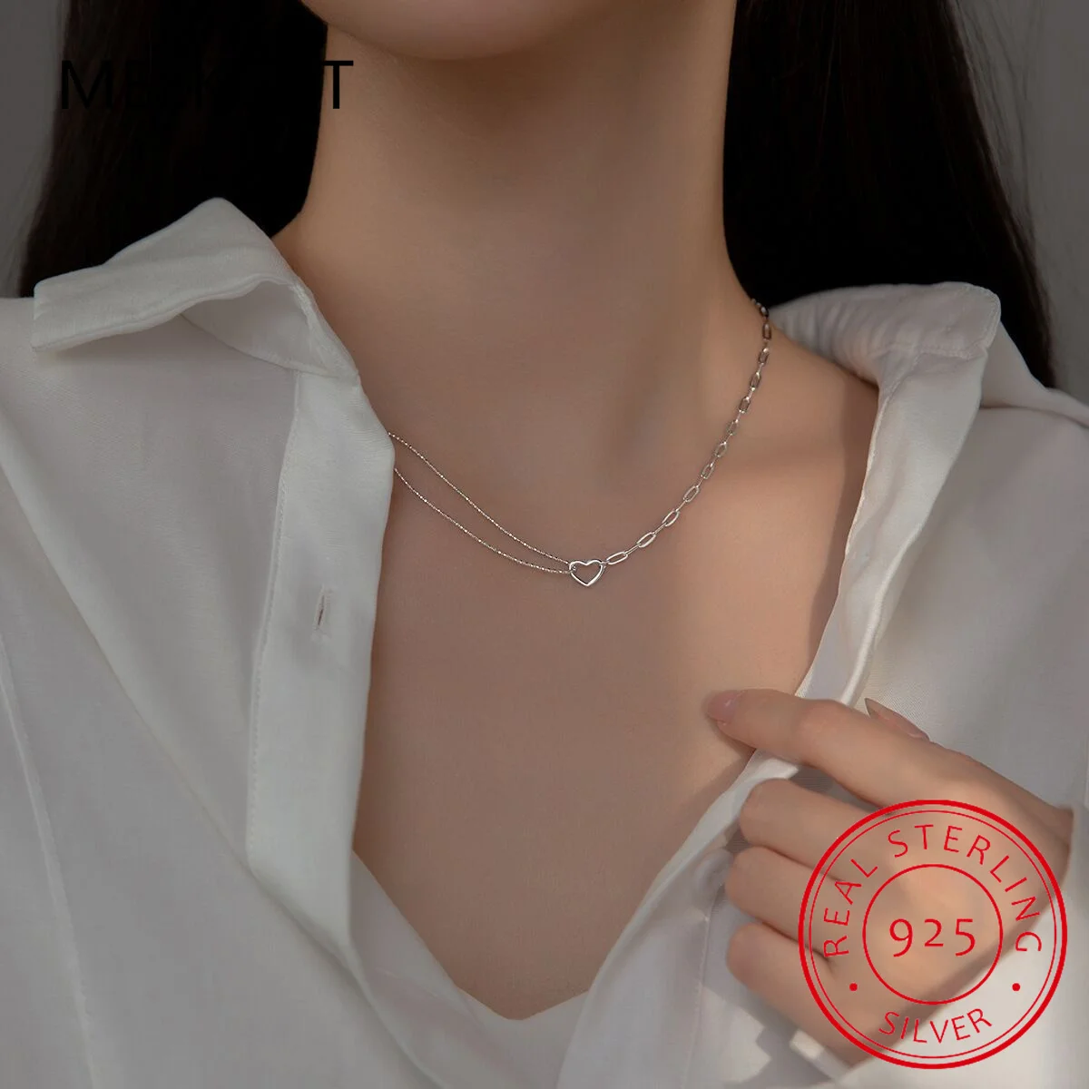 925 Sterling Silver Double Layer Love Heart Asymmetric Necklace for Women Sweet Clavicle Chain Necklace Wedding Party Gift